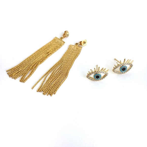 Evil Eye studs w/ gold tassel back earrings - Picture 2 of 8